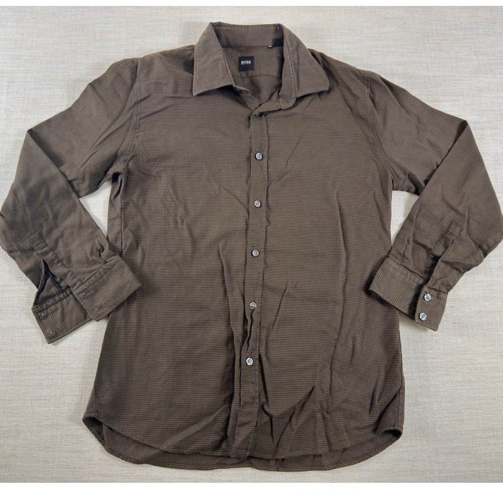Hugo Boss Mens XXL Brown Textured Long Sleeve Button Down Shirt Casual Business